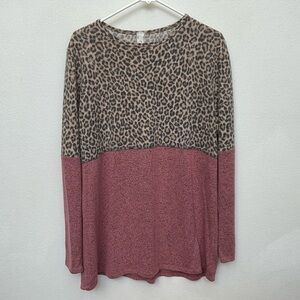 Grateful Hearts Leopard, Mauve Long Sleeve Top Size XL Comfy Stretch Lounge